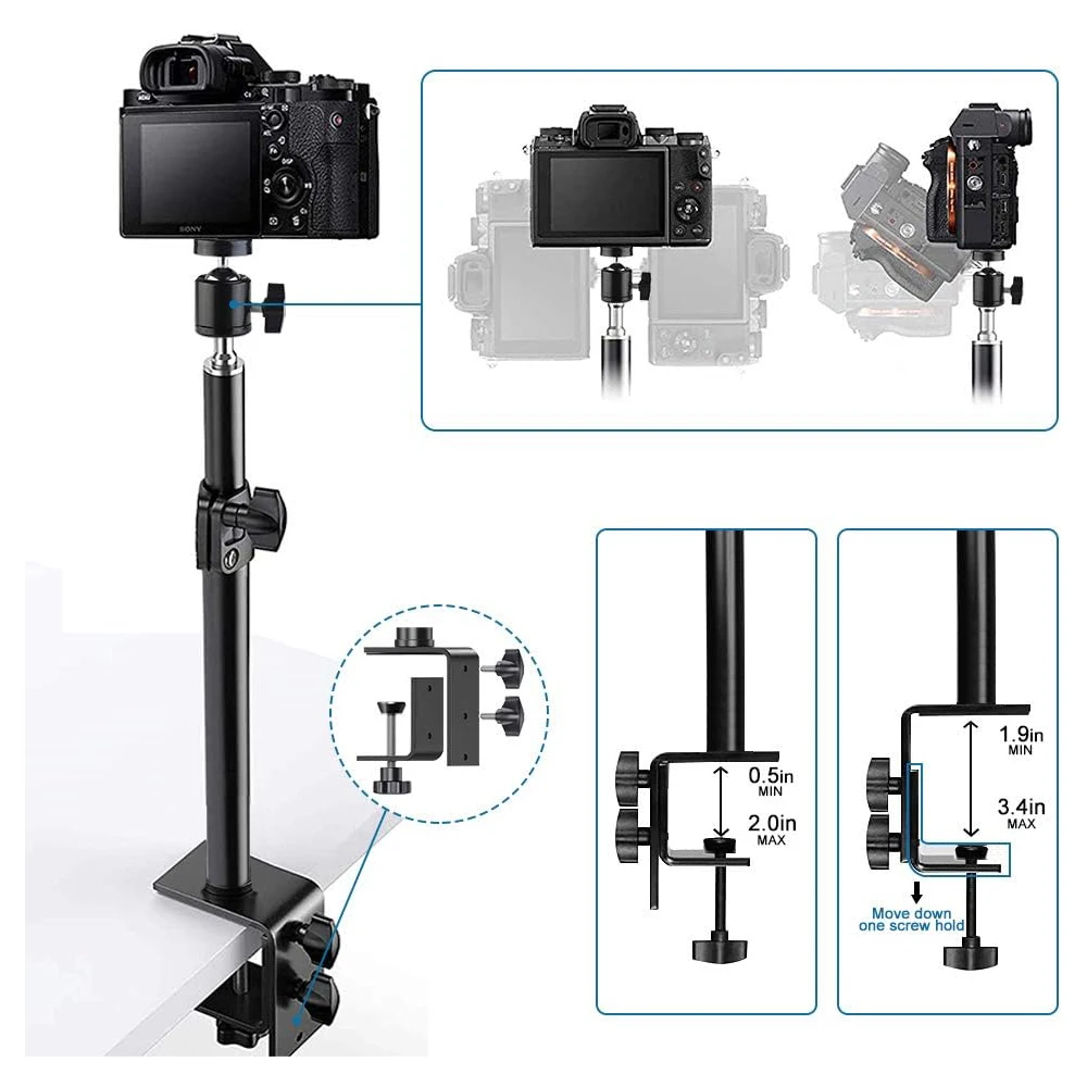 Desk Mount Stand DSLR Camera C Clamp Light Stand Photographic Light Boom Stand With Ball Head for Phone Video Ring Light Zoom