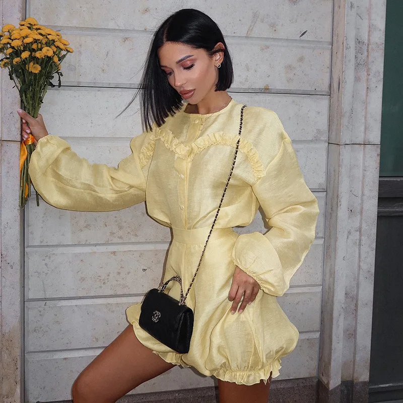 TARXUY New Solid Color Fungus Long Sleeve Top And Bloomer Pants Suit For Women Elegant Loose Cardigan Short Pants 2 Pieces Set