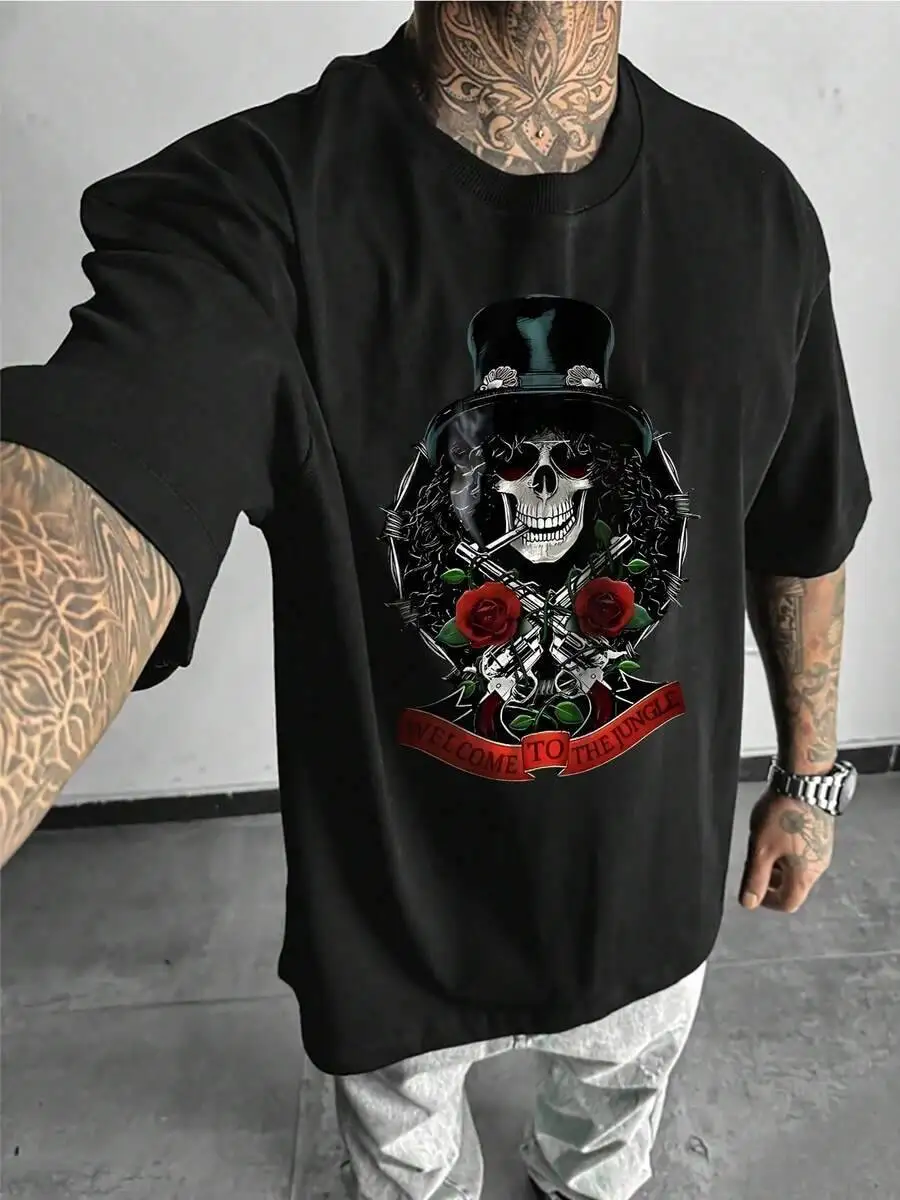 Men's Stylish Guns N' Skull Roses Graphic Tee Welcome To The Jungle Print Perfect Concerts & Rock Fans For Musicians 100% Cotton
