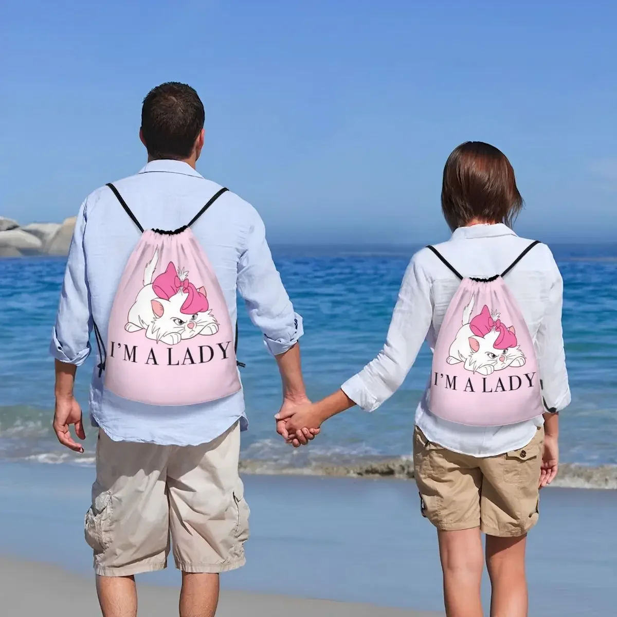 مخصص لطيف الطفل الأبيض غاضب كيتي مع الأقواس الوردي الرباط أكياس الرجال خفيفة الوزن مضحك ماري القط الرياضة الصالة الرياضية تخزين الظهر