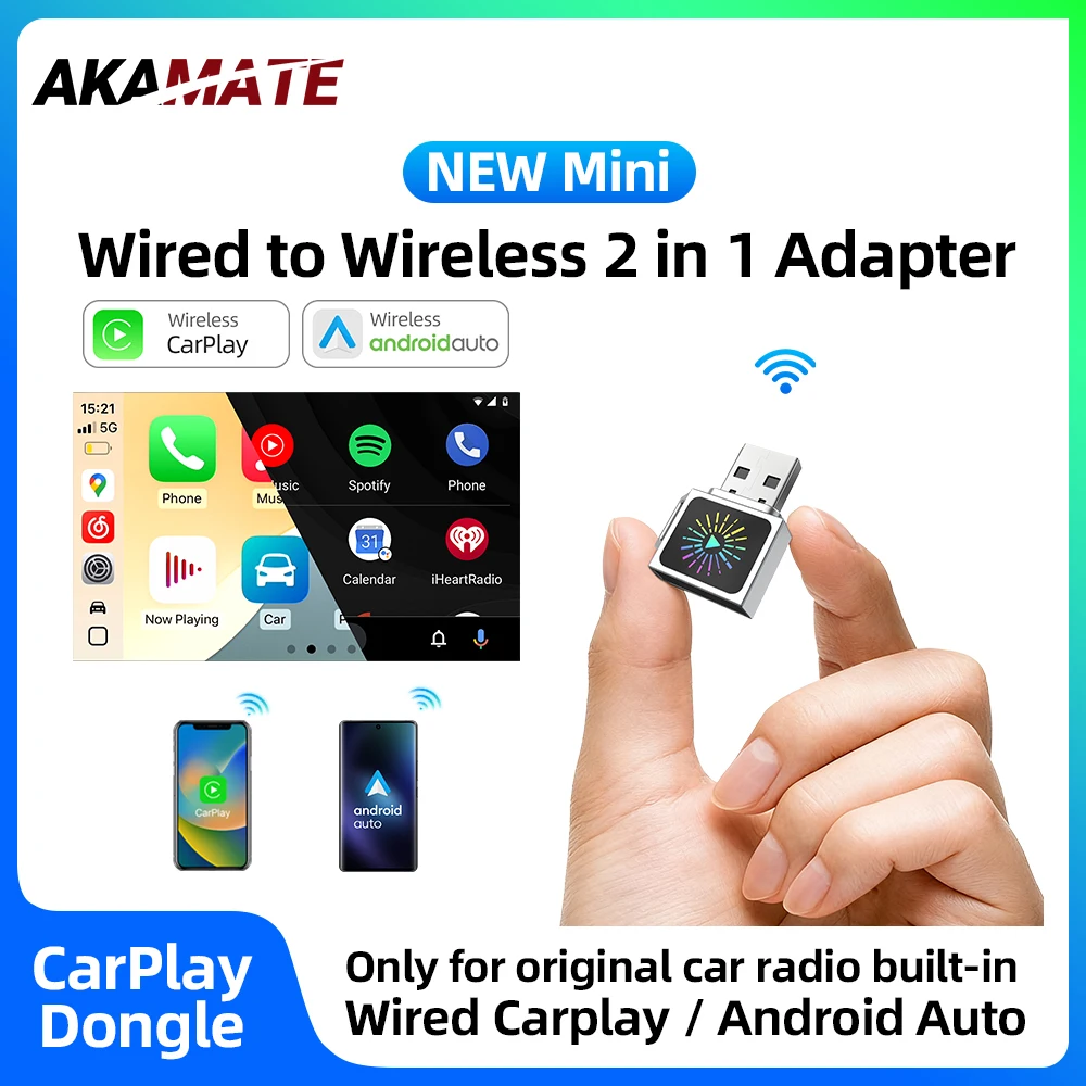 Com fio para sem fio carplay android auto 2in1 adaptador bluetooth wifi assistente de voz plug and play mini universal inteligente dongle
