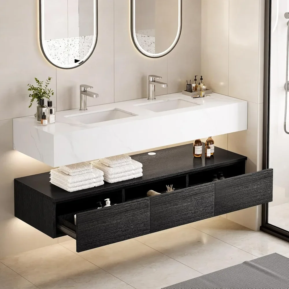 

Floating Vanity Bathroom with Double Integrated Set, Wall Mounted Bathroom Storage Cabinet with Sintered Stone Countertop