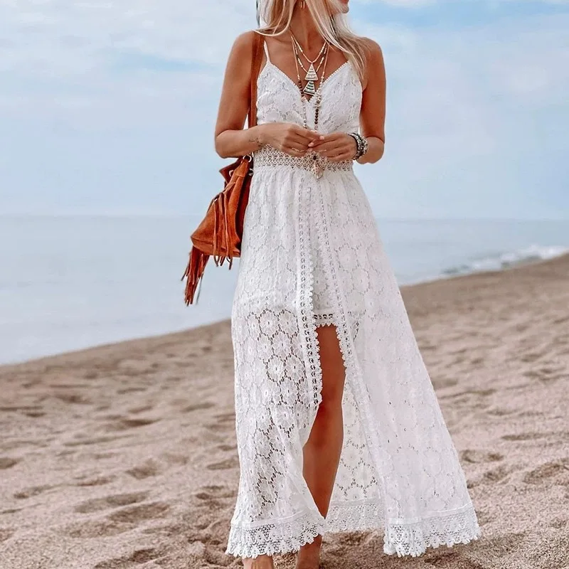 Elegante Spitze Lange Kleider Gespleißt Hosen Träger Split Ärmellose Frauen Sommer Hohl Sheer Strand Süße Geraffte Lange Maxi A-Linie