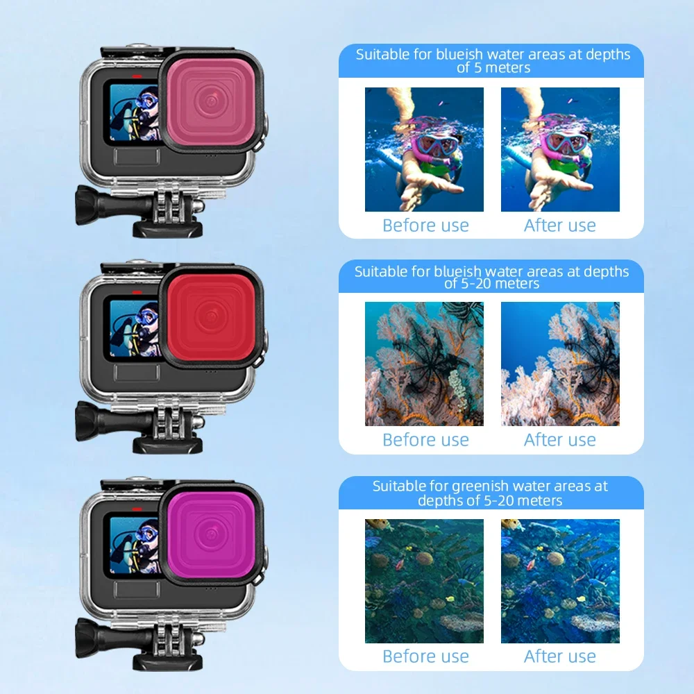 Waterproof Cover Underwater Diving Filter for GoPro Hero 13/12/11/10/9 Red Pink Purple Dive Filters Action Camera Accessory