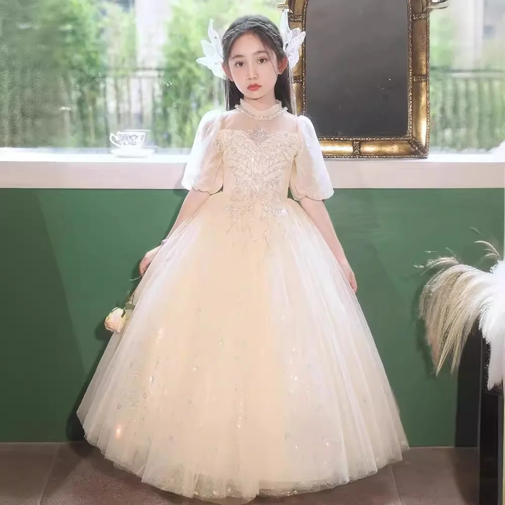 

2024 Bubble Sleeves Performance Girl Dress Holiday Children Dresses White Bridesmaid Costume for Wedding Classy Evening Vestidos