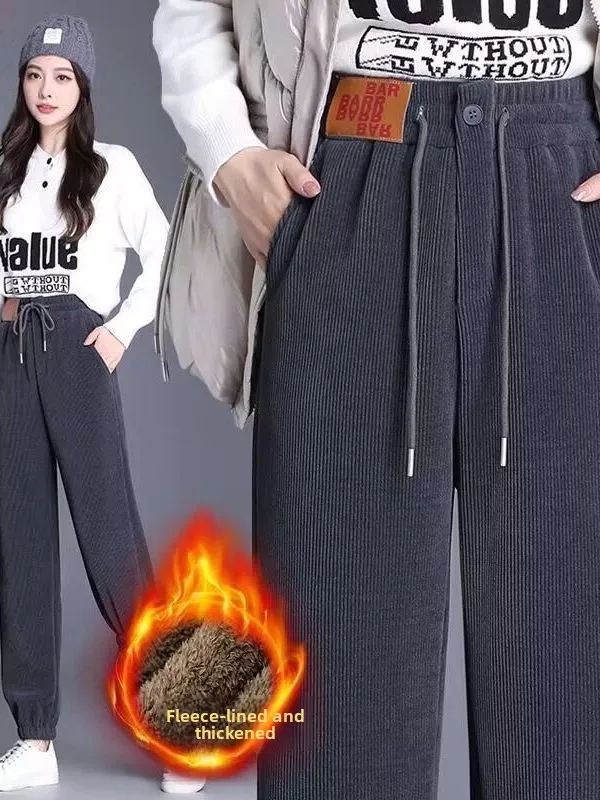 

plus Size Women's Fce Lined Thiened Cuffed Casual Pants Winter Faion Loose Slimming Versatile Warm Harlan Sweatpants