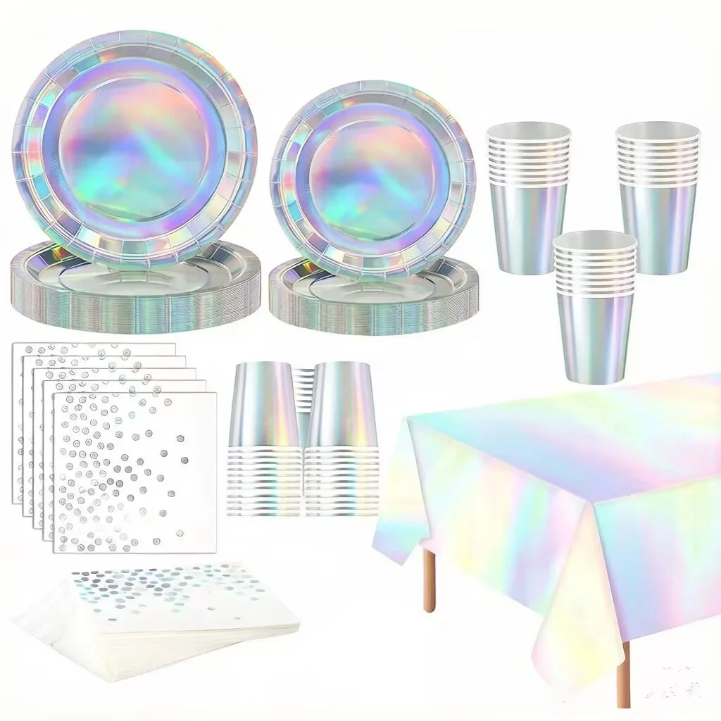 

Laser Disposable Tableware Iridescent Party Plates Cups Napkin Tablecloth Wedding Decoration Birthday Party Supplies Baby Shower