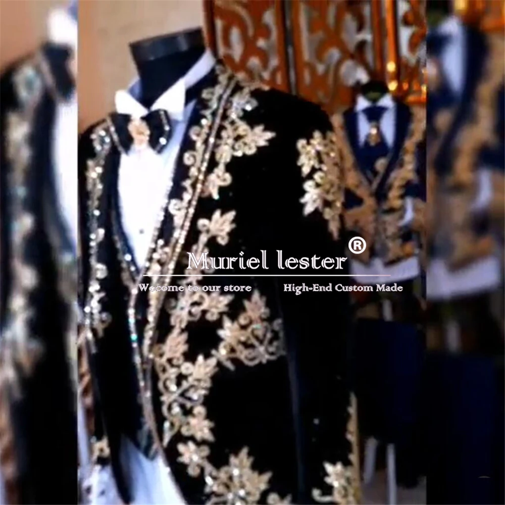 Luxury Groom Wedding Suits For Men Sparkly Gold Appliques Velvet Jacket Vest Pants 3 Pieces Men's Tuxedos Tailored Prom Blazer