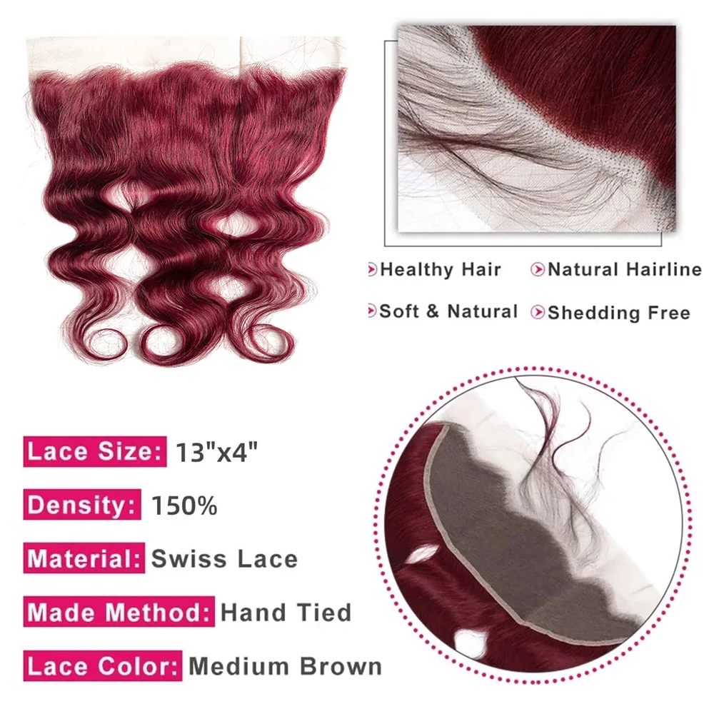 99J Body Wave Human Hair Bundles ปิด 13x4 ลูกไม้ต่อผมด้านหน้า Burgundy Double Weft 26 28 30 นิ้ว