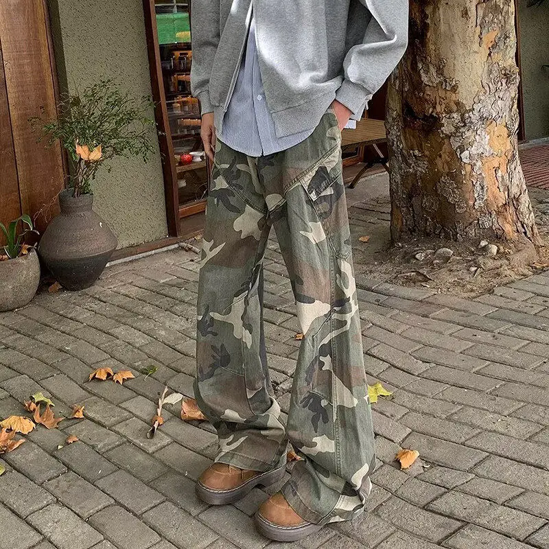 American Retro Camouflage Pants Men's Spring Autumn Loose Wide Leg Workwear Trousers Casual Straight Cut Denim Jeans