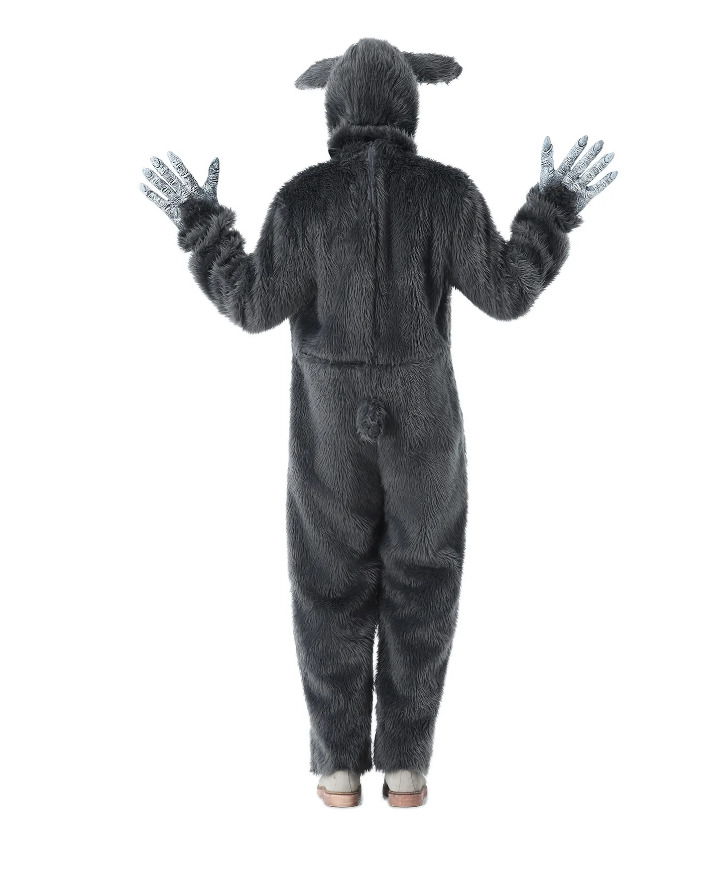 Flauschiger Herren-Wolf-Jumpsuit mit Kapuze und Wolfsohren, Weißer Bauch-Design, Erwachsenen-Halloween-Tier-Cosplay-Outfit – Detail 7