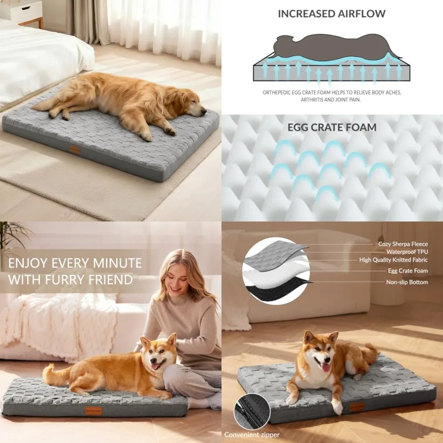 

Orthopedic XL Dog Bed Large Sized Dog 48''X30'', Waterproof Soft Comfortable Egg Crate Foam Large Pet Beds Crate Mat with Remov