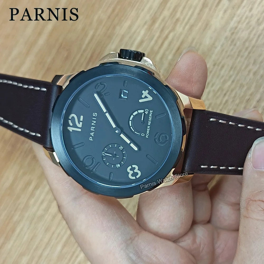 Parnis 44mm Silver Case Brown Numbers Luminous Dial Automatic Mechanical Watch Power Reserve Indicator Sapphire Crystal