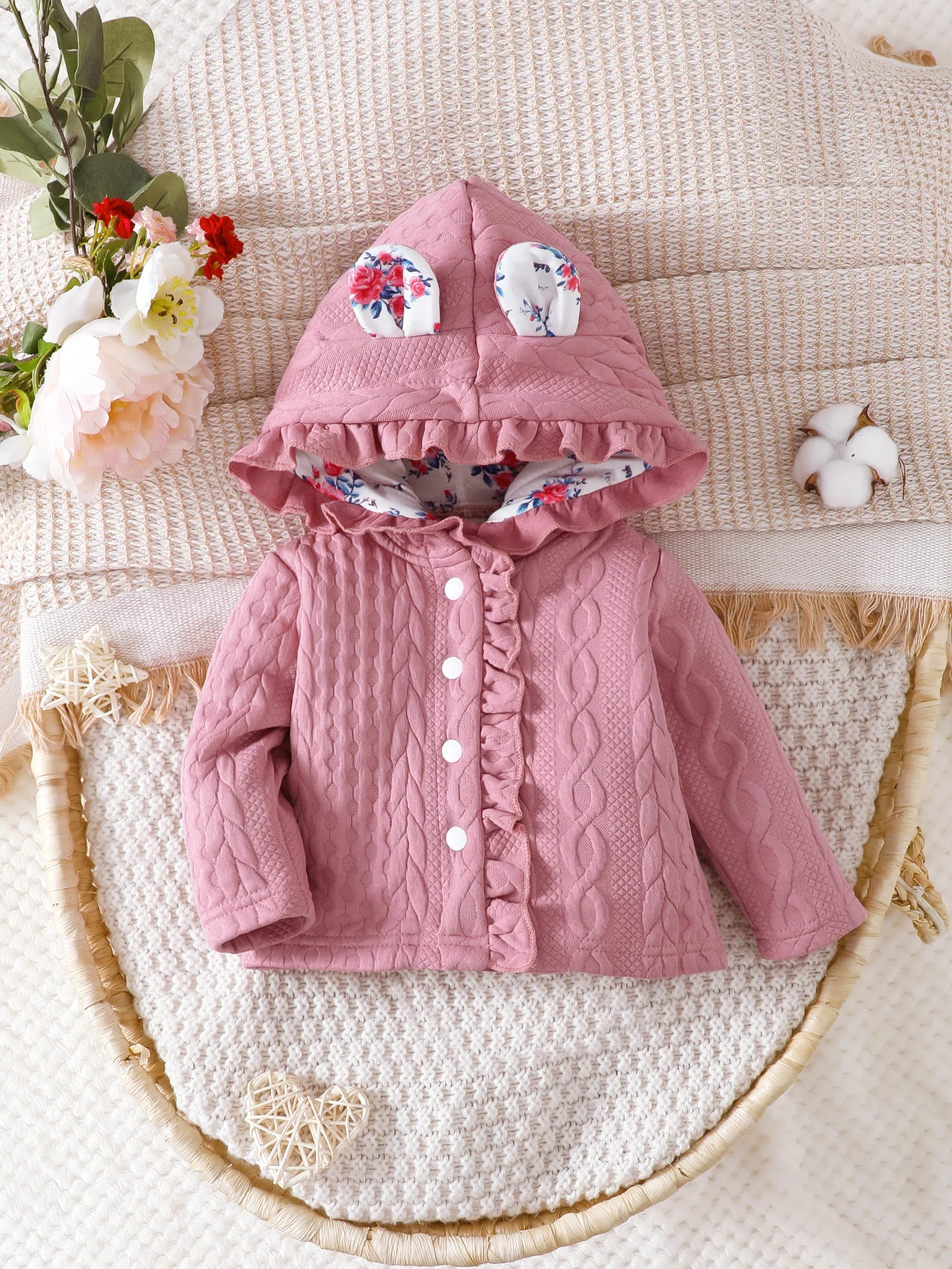 Autumn And Winter Girl Baby Pink Long Sleeve Jacket Design Lace Hooded Ears Warm Clothes Lady Everything Match Baby Girl Coat