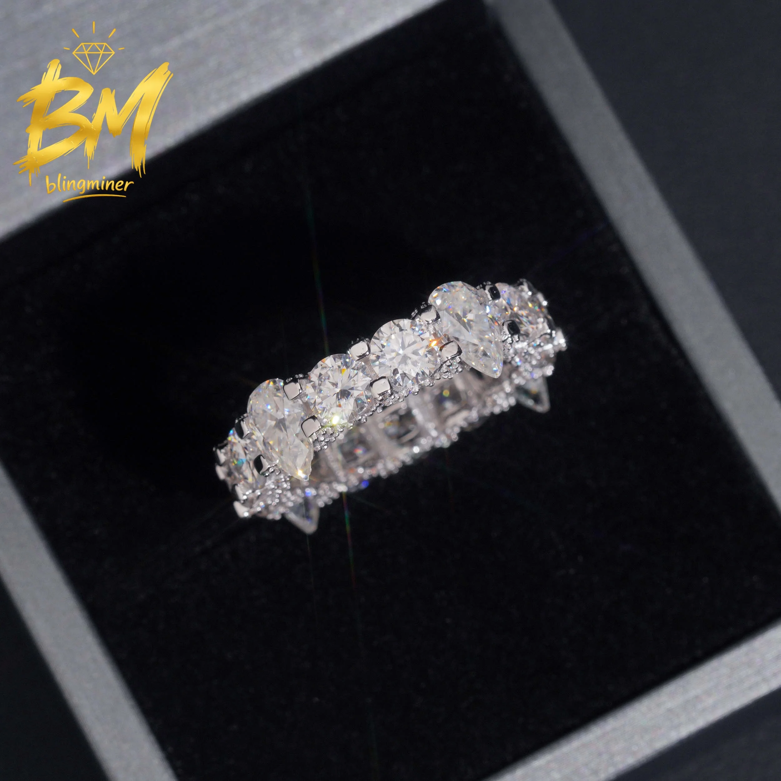 Blingminer 5mm Round Mixed Pear Side-set S925 Silver VVS Moissanite Rings Women Engagement Finger Jewelry Pass Diamonds Tester