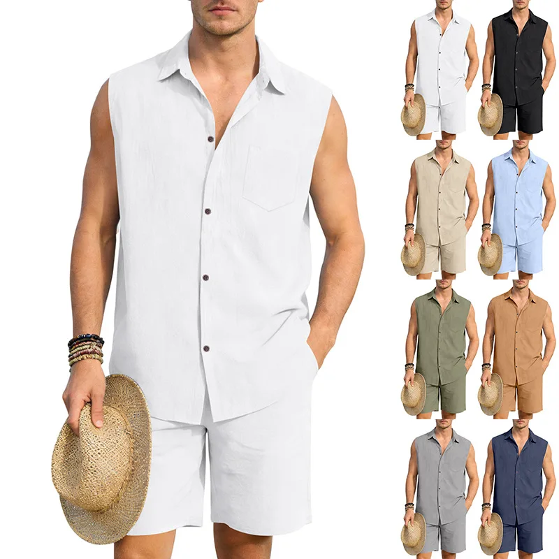 2026 Spring Summer Men Matching Set Linen Hawaiian Sleeveless Shirt Shorts Outfit