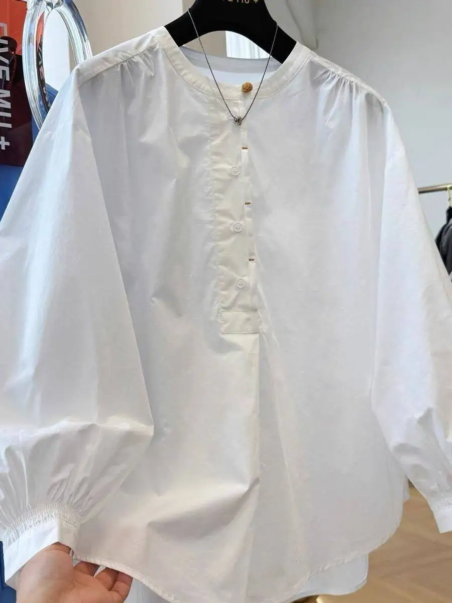 

plus Size Women's Long Sleeve Thin Sun Protection Half Open Collar Lantern Shirt Korean Style Spring Summer Breathable Cotton