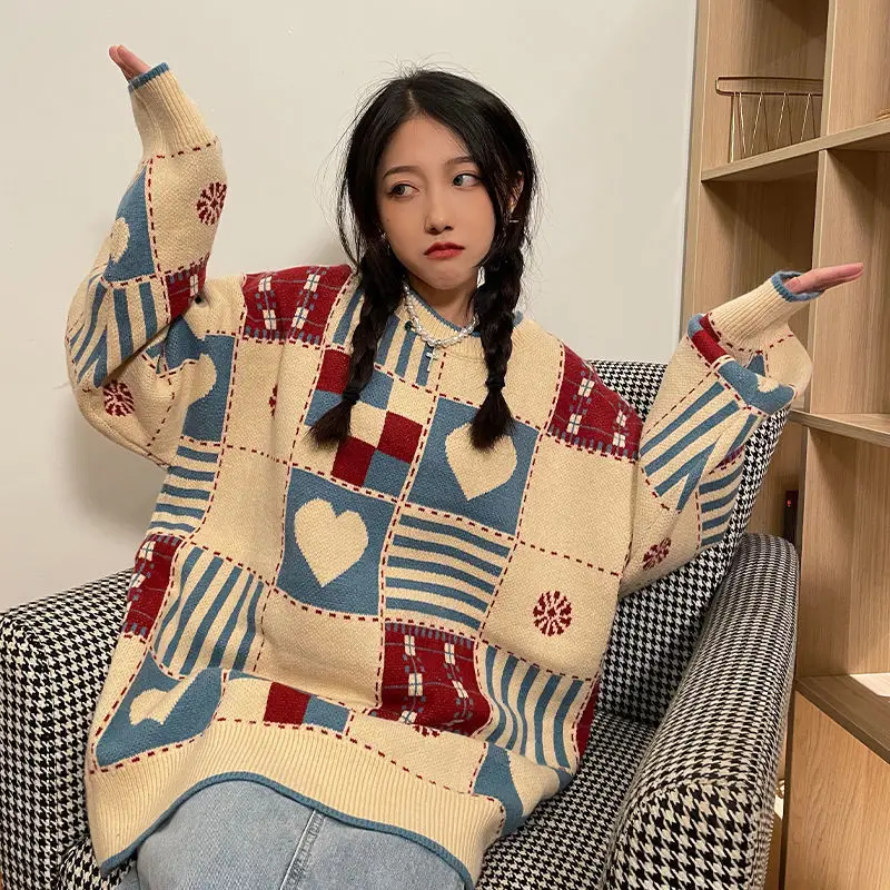 2023 New Autumn Winter Women Sweater Loose Vintage Lazy Style Loose Casual Large Size Jacket Pullover High Quality Knitted Coat