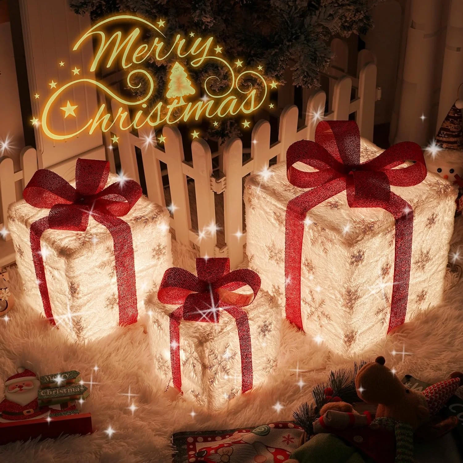 3Pcs/Set PVC Christmas Gift Box Set Luminous Folding Christmas Lighting Box with Bow Ribbon Christmas Glowing Decoration Outdoor