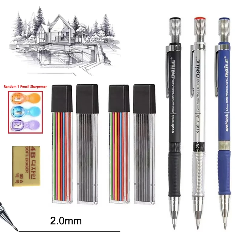 2.0mm Mechanical Pencils Set 2B Automatic Pencils Color / Black Lead Refills Art Drawing Pencil Sketch School Student Stationery