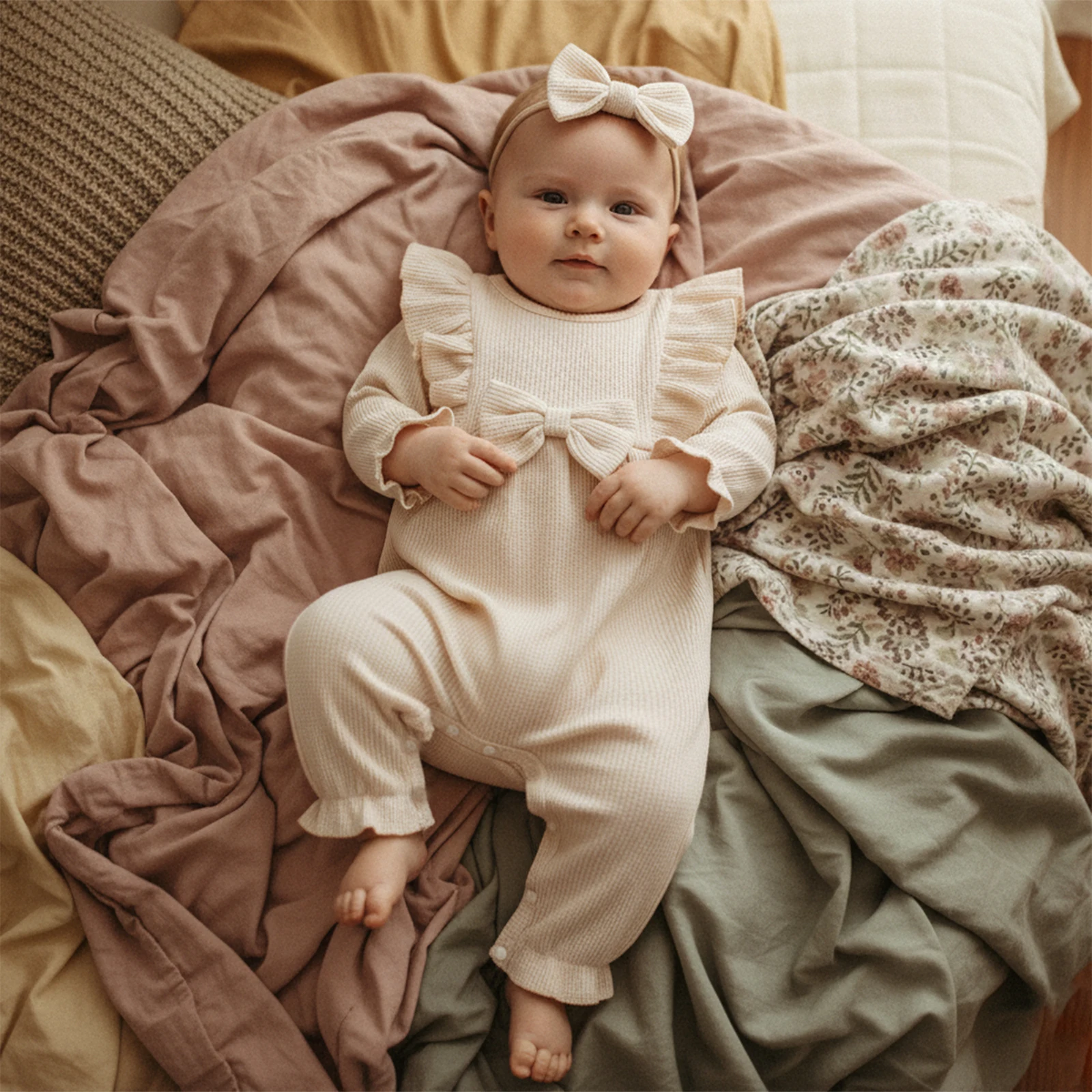 

Baby Girl Spring Outfits Decorative Bow Ruffled Trim Crew Neck Long Sleeve Romper and Bow Headband 2 Pcs Set