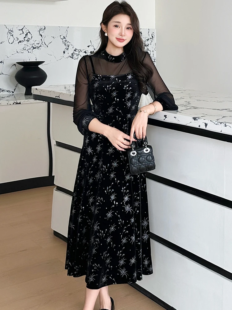 المرأة الكورية خمر هيبورن فستان فاخر الدعاوى الخريف الشتاء الأسود المخملية المرقعة فستان شبكي 2025 أنيقة Bodycon فستان الحفلات