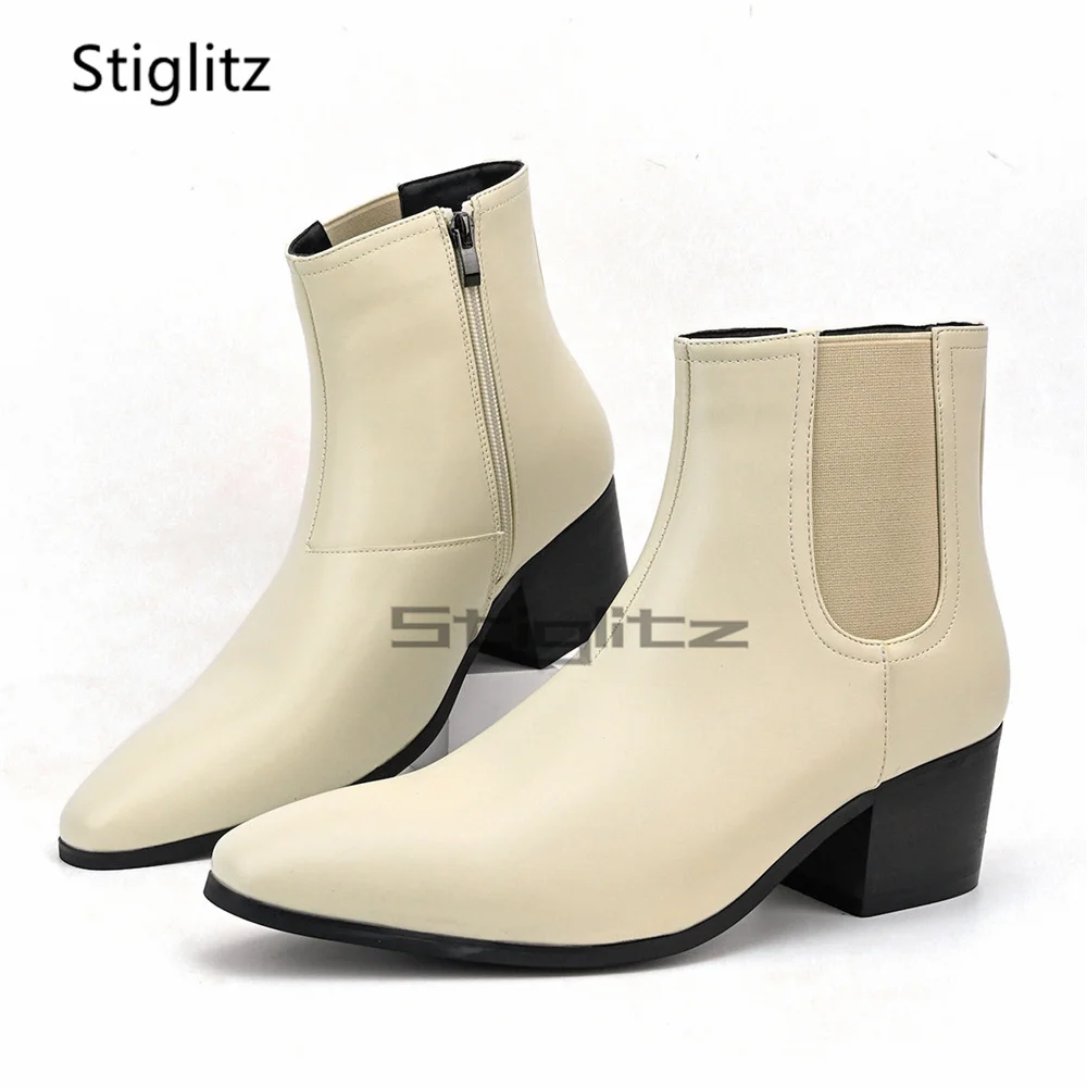 Black High Heels Chelsea Boots for Men Pointed Toe Slip On Boots Pu Leather Side Zip Ankle Boots Male Britihs Business Shoes
