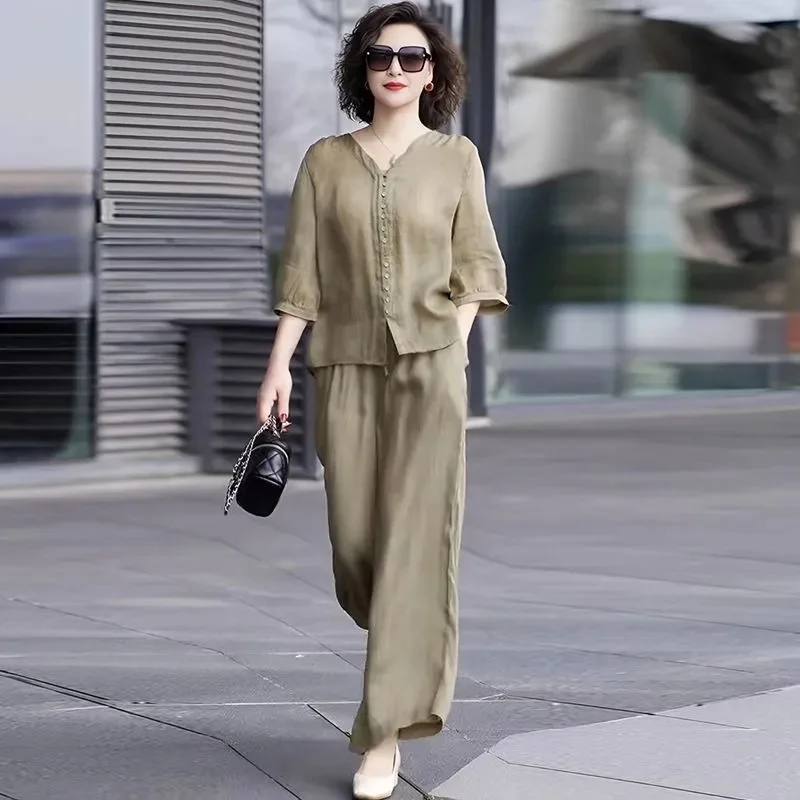 

2025 Middle Aged Mother Solid Color 2PCS Female Tops Wide Leg Pants Two-piece Suit Summer Ladies Leisure Cotton Linen Top Pants