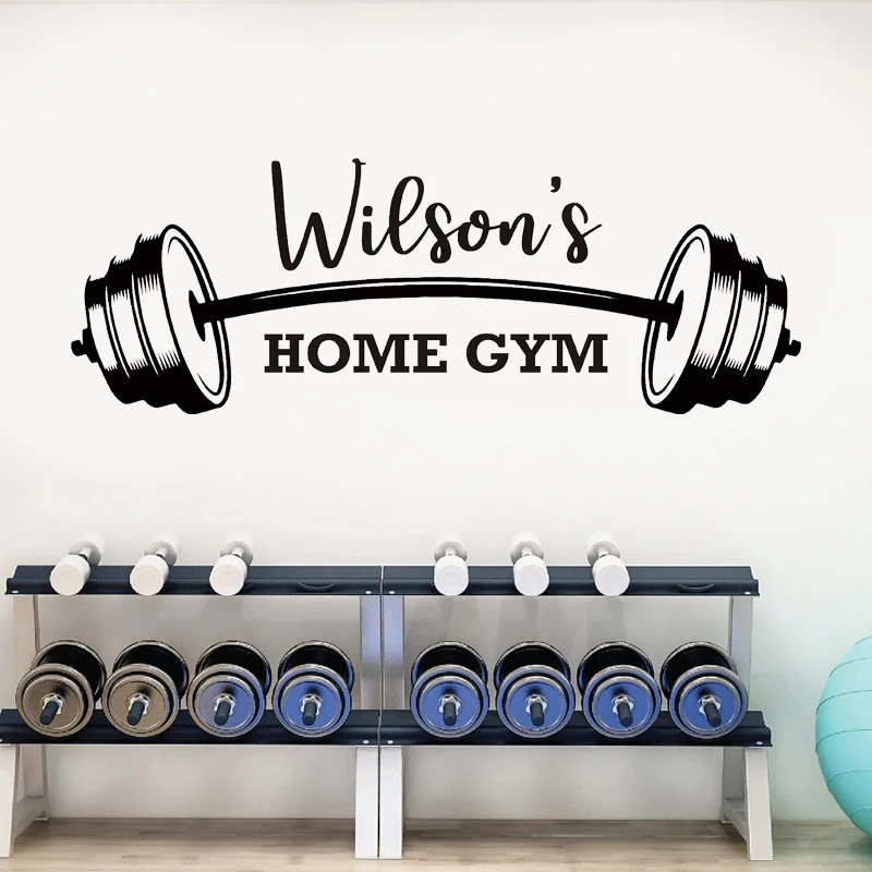 Calcomanía de pared personalizada con nombre de gimnasio en casa, vinilo motivacional, inspirador, entrenamiento, culturismo, decoración artística,