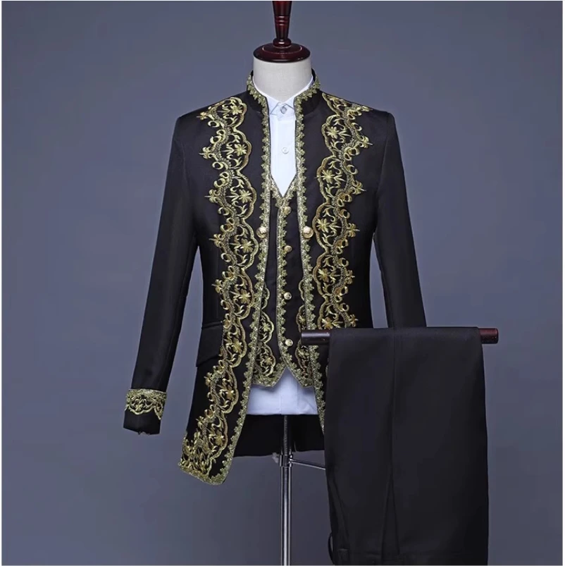 vetements-de-ceremonie-de-style-ethnique-pour-hommes-tenue-de-palais-costume-trois-pieces-gilet-performance-sur-scene-d'opera-noir-et-blanc