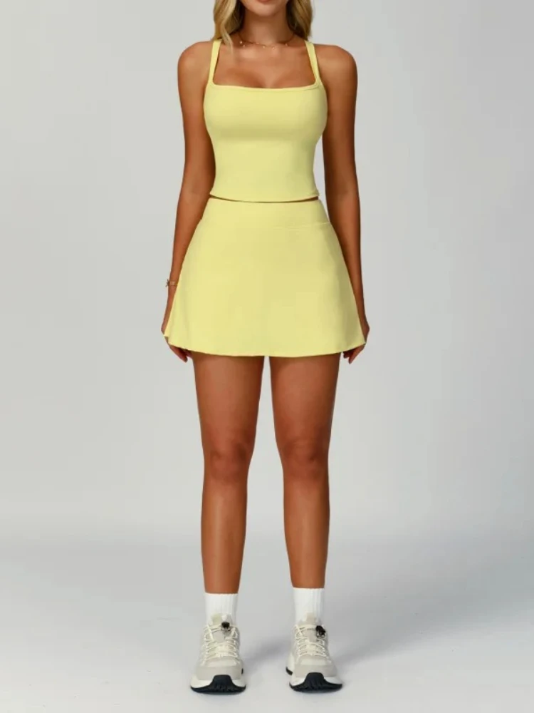 BIANHUI 2 Pieces Yoga Sports Set Workout Outfits Fitness Sportswear Gym Women's Tracksuit High Waist Vest Short Skirt Suits