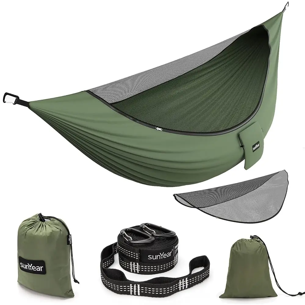 

Camping Hammo With Removable No See-Um Net, Double & Single Portable Outdoor Hammocks Parachute Lightweight Nylon With Tree