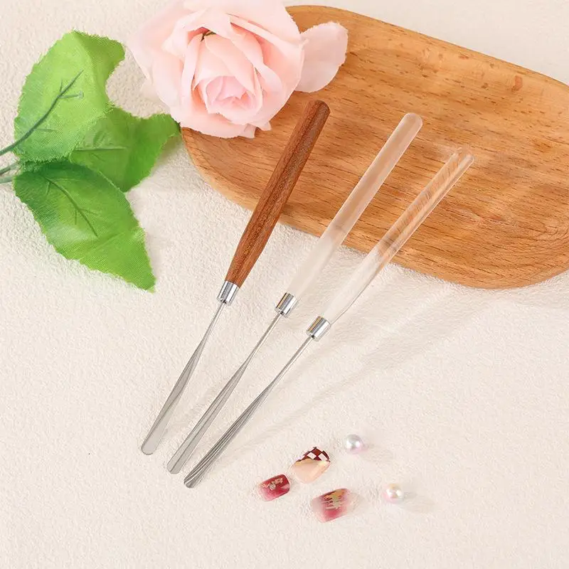 Nail Art Spatula Natural Wood Handle Smooth Stainless Steel Tip for Cuticle Scraping Manicure Pedicure