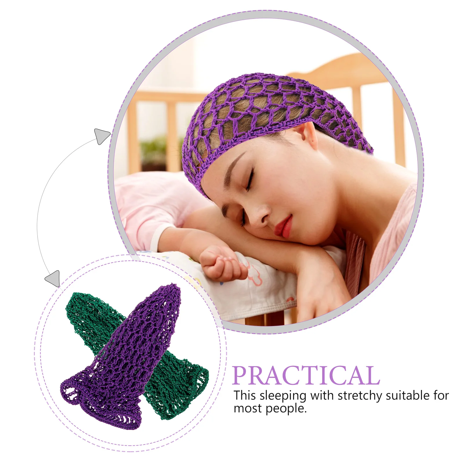 

2pcs Crochet Net Hats Long Sleeping Caps Hair Protectors Stretchy Durable Machine Washable For Most Head Sizes Green Purple