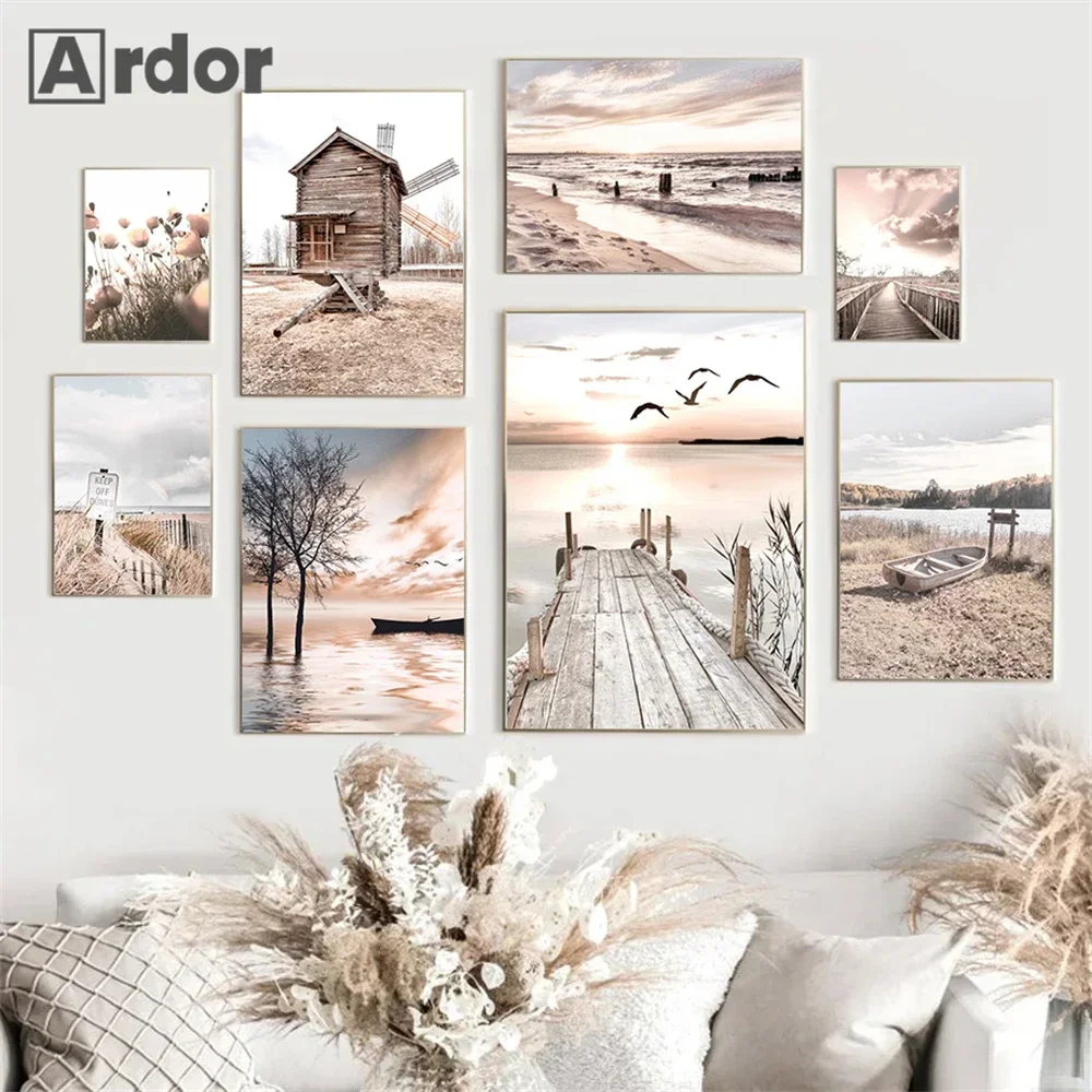 Beige Landscape Windmill Canoe Boat Sea Beach Wall Art Canvas Painting Sunset Bridge Poster Nordic Prints Pictures Home Decor