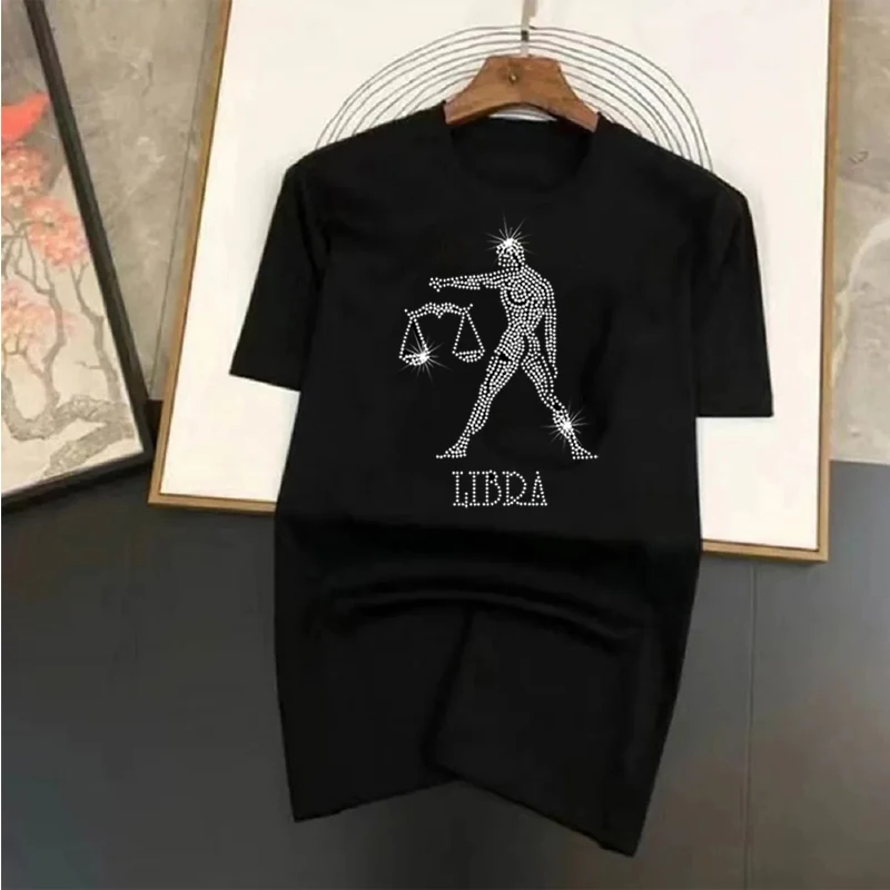 Summer Rhinestone Libra Graphic Unisex T-Shirt Oversized Casual Tees Women Short Sleeve Stitch Tops Campus Female Clothing Y2k