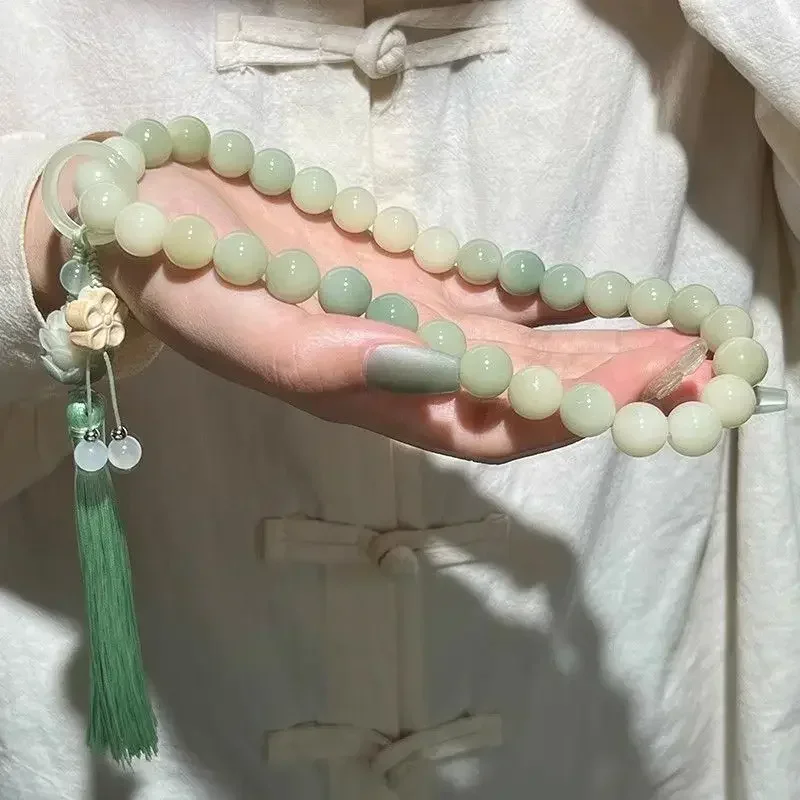 Chinese Style Gradient Handheld White Jade Antique Bodhi Bracelet Female Poplar Lotus Tassel Bodhi Zi WenPlay Bead Hand String