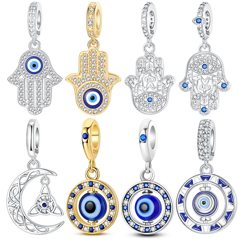 Evil Eye & Hamsa Hand Charm 925 Sterling Silver Celtic Moon Trinity Knot Rotatable Evil Eye pendant Fit Bracelets Jewelry Gift