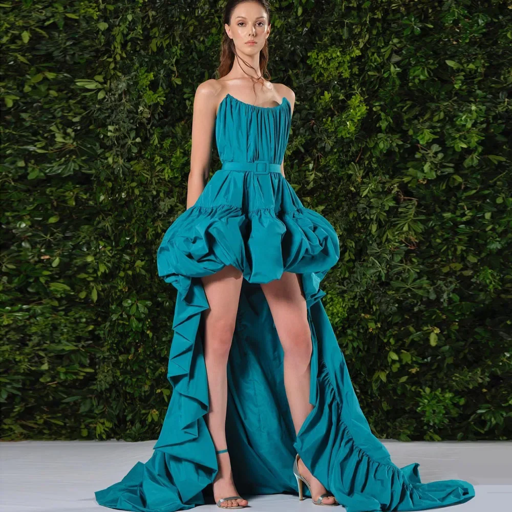 

Strapless Cyan Lake Blue High Low Ruffled Layered Evening Dress Open Back Event Dresses Custom Made Women Clothing With Train
