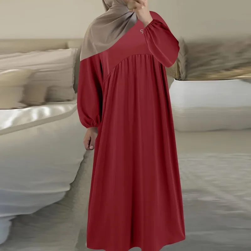 Robe Abaya à manches longues lanterne pour femmes, robe musulmane, col rond, plissés décontractés, vêtements élégants, mode féminine, nouveau tempérament