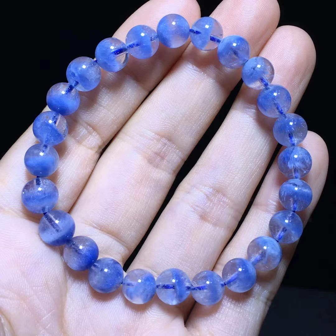 Natural Blue Rutilated Dumortierite Quartz Bracelet Women Rutilated 7.3mm Cat Eye Clear Round Beads Rare Stone AAAAA