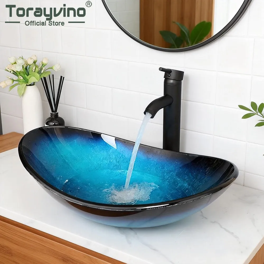 Torayvino Tempered Bathroom Washbasin Glass Basin Sink Tap Set Oval Vessel Vanity Bowl Counter Top Faucet with Pop-up Combo Kit