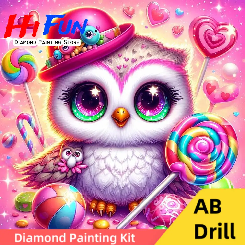 

Cartoon Owl Wall Art AB Diamond Art Painting Cross Stitch Colourful Pink Rainbow Lollipop Embroidery Handwork Gift Home Decor