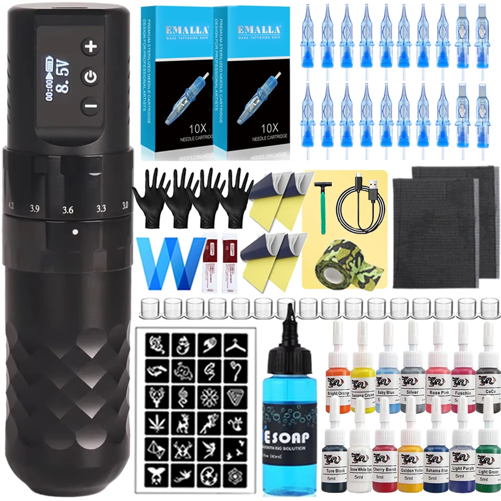 

Wireless Tattoo Pen Machine Kit EMALLA Eliot Cartridge Needles with Adjustable 2.4mm-4.2mm Strokes Tattoo Pen Set Tattoo Art Kit