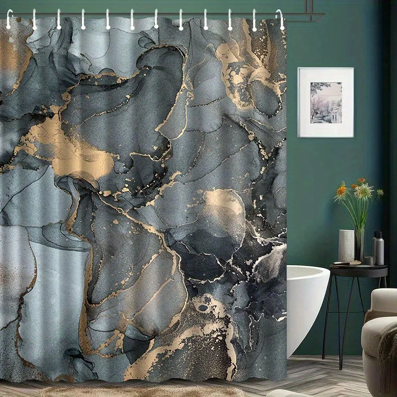1pc a Marble-Patterned Shower Curtain with Hooks, Suitable for Washing, Serves As a Bath Divider, And Is an Accessory for The Ba