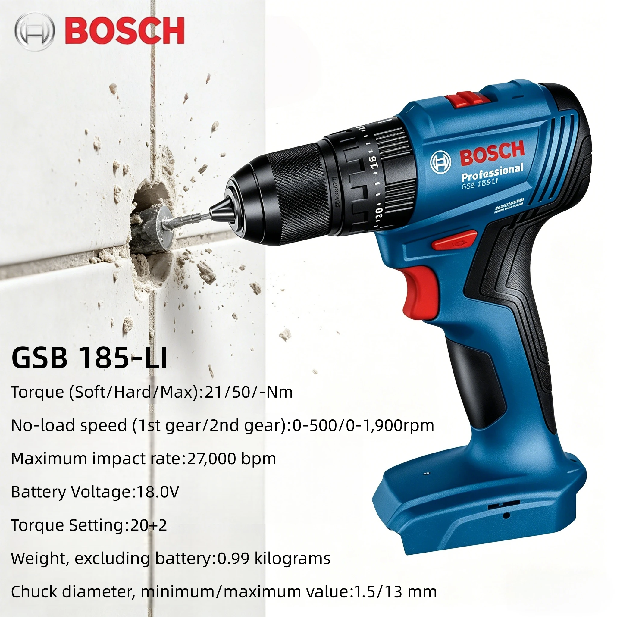 Taladro percutor inalámbrico Bosch GSB 185-LI de 18 V, 1900 RPM, destornillador eléctrico multifuncional, herramientas eléctricas (sin batería)