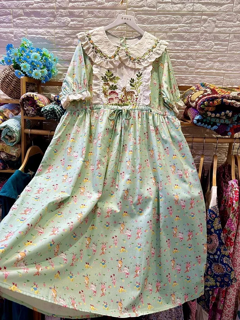 Sweet Cotton Patchwork Floral Embroidery Ruffled Lace Midi Dress for Women Vintage Mori Girl Shabby Chic Cottagecore Long Dress