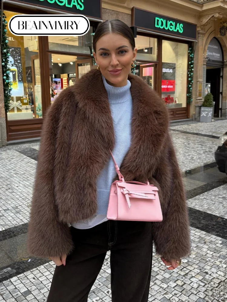 Retro Oversized Warm Faux Fur Big Lapel Short Coat Female Luxury Long Sleeve Flurry Jacket 2024 Women Fashion Winter Streetwear