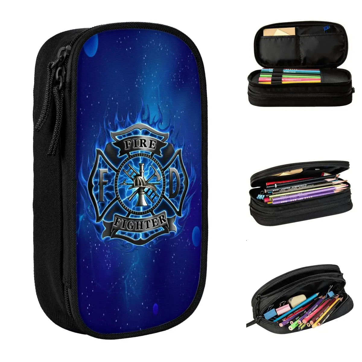 Blue Firefighter Logo Pencil Cases Fire Rescue Pen Holder Bag Kids Big Capacity School Supplies Gifts Pencilcases