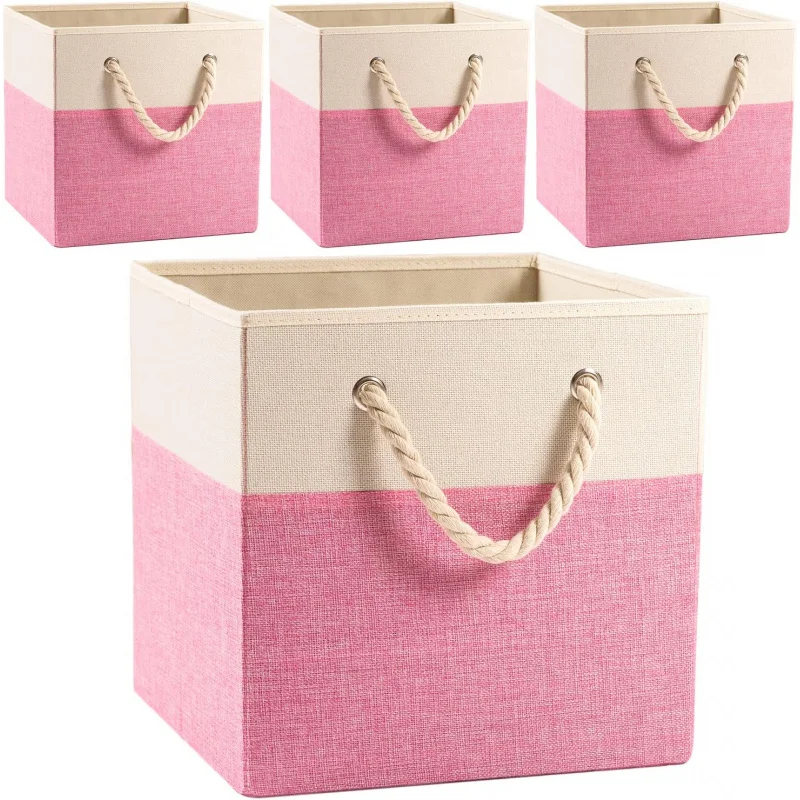 

13-Inch Cube Storage Drawers [4-Pack] - Foldable Linen Fabric Bins with Handles for Shelves, Closet & Bedroom